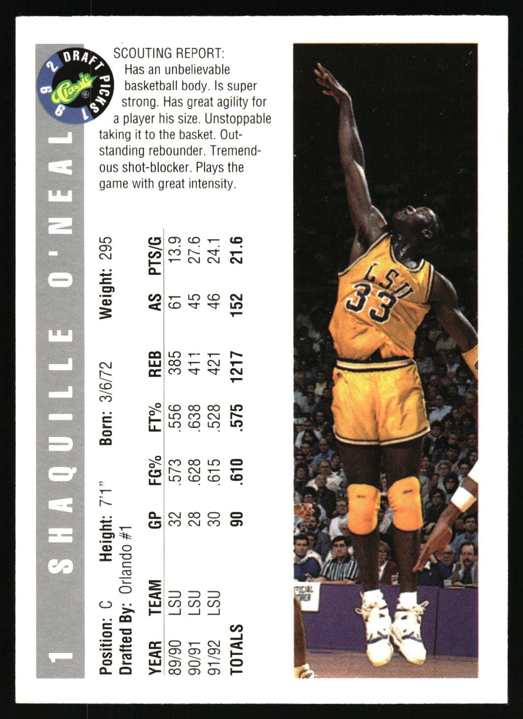 1992 Classic Draft Picks #1 Shaquille O'Neal