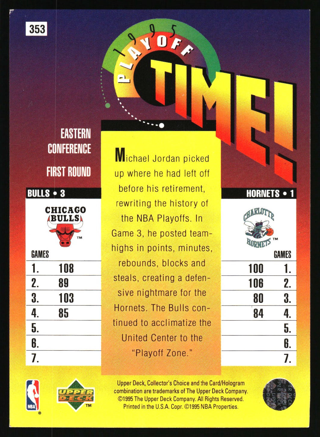 1995-96 Collector's Choice #353 Chicago Bulls vs. Charlotte Hornets
