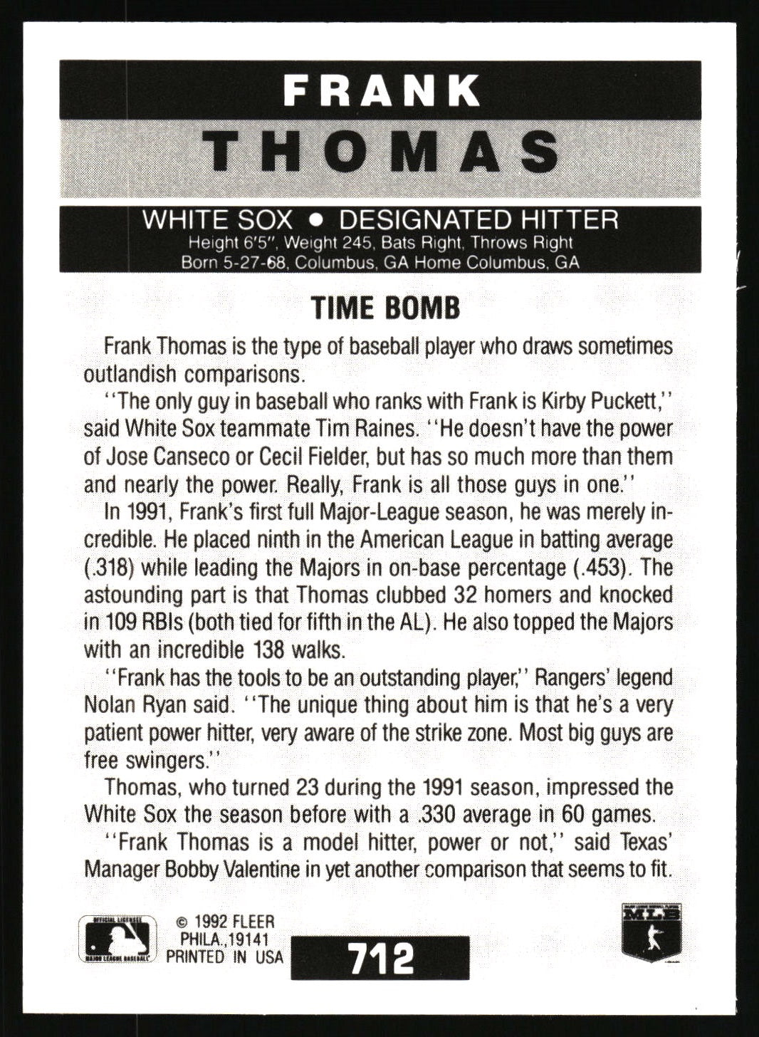 1992 Fleer #712 Frank Thomas