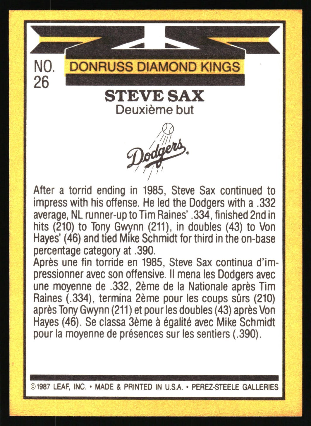 1987 Leaf #26 Steve Sax