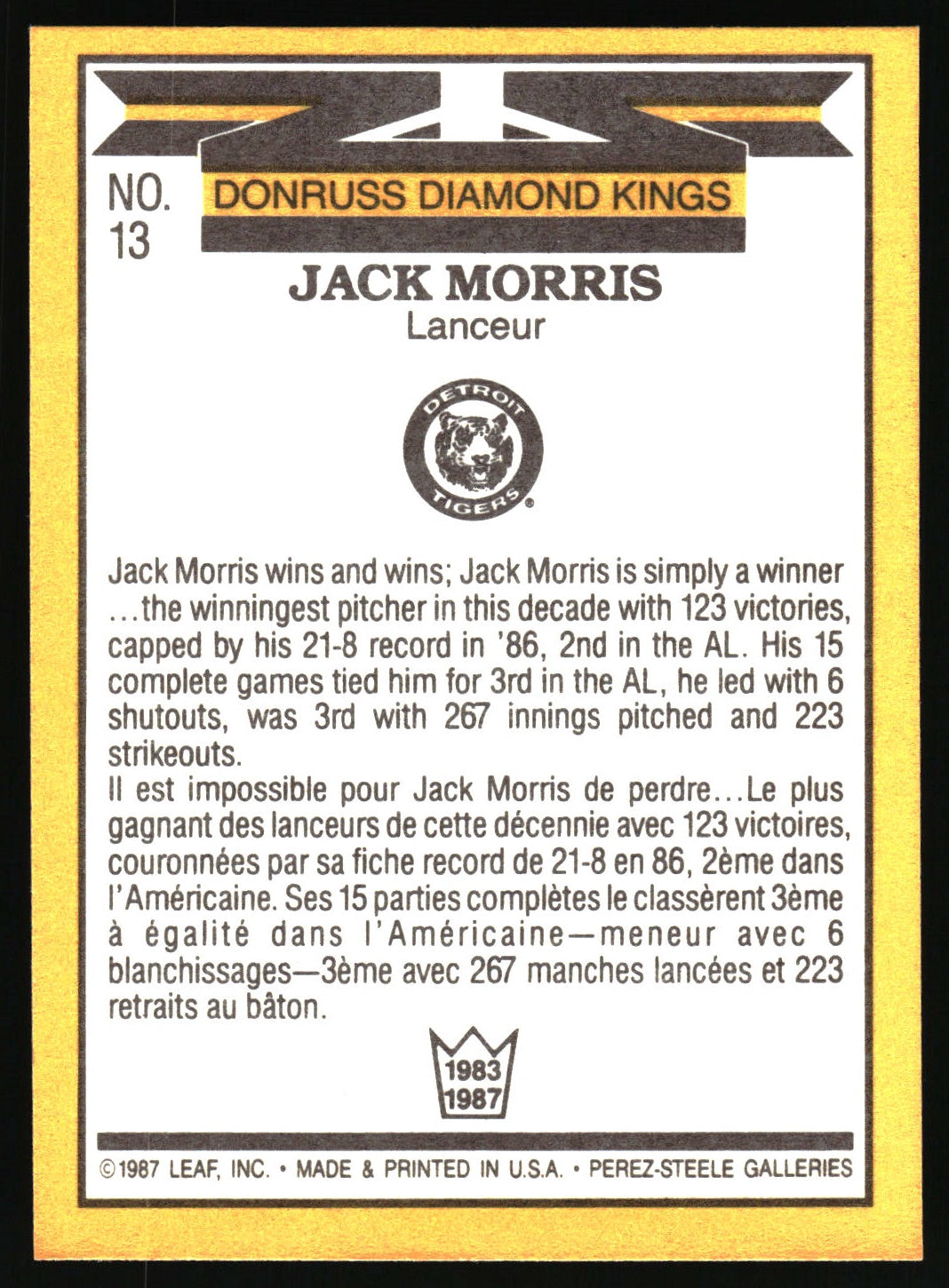 1987 Leaf #13 Jack Morris