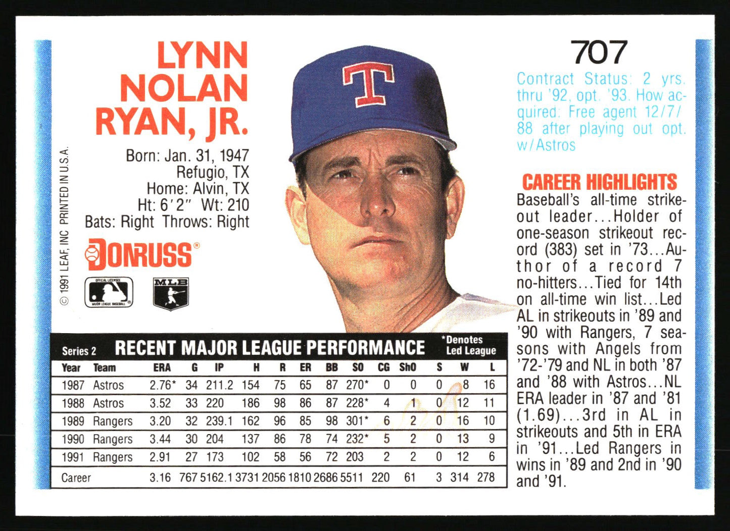 1992 Donruss #707 Nolan Ryan