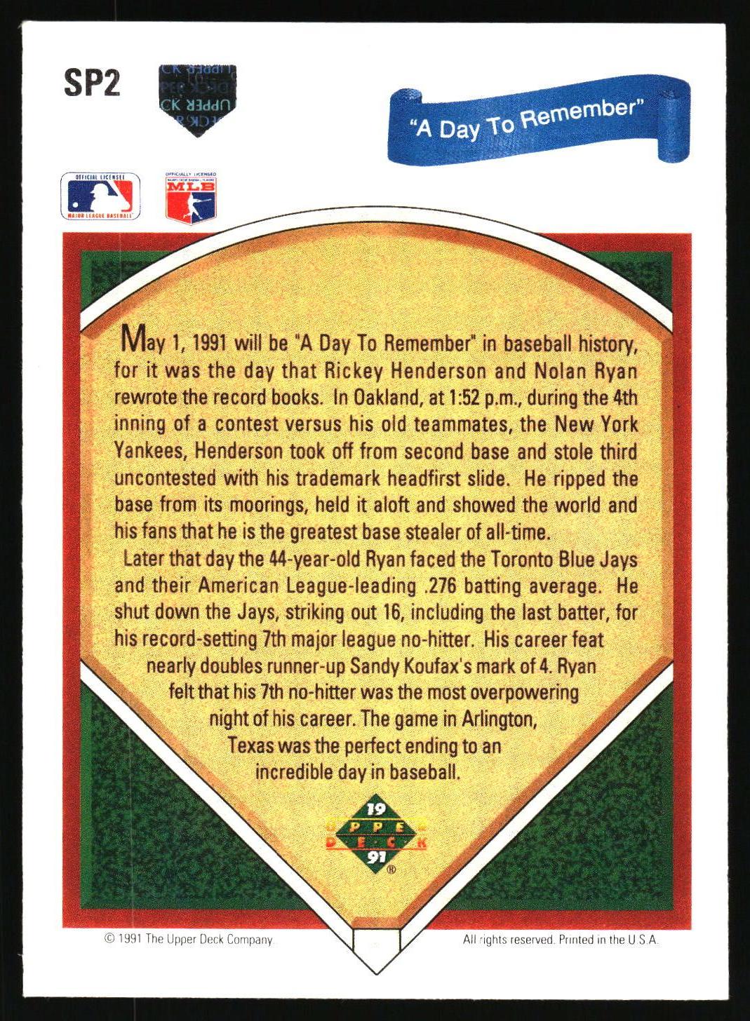 1991 Upper Deck #SP2 Nolan Ryan / Rickey Henderson