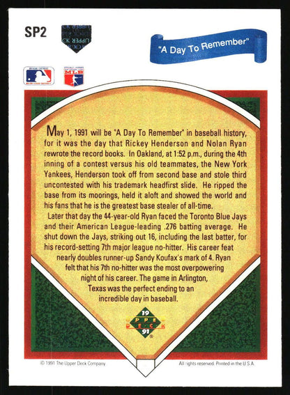 1991 Upper Deck #SP2 Nolan Ryan / Rickey Henderson