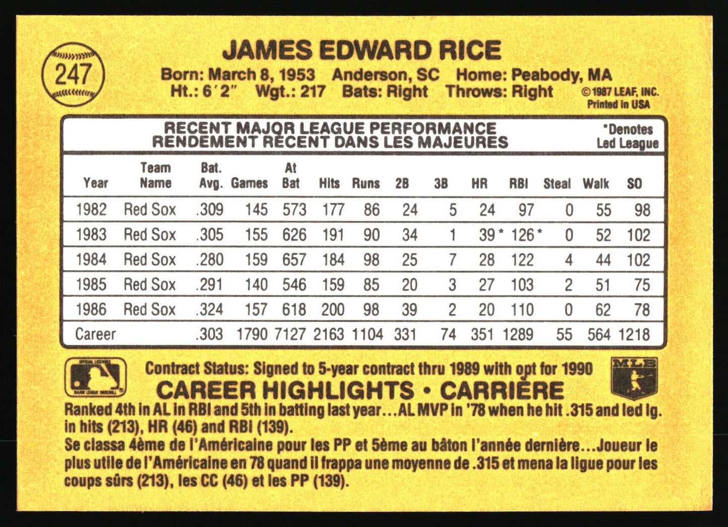 1987 Leaf #247 Jim Rice