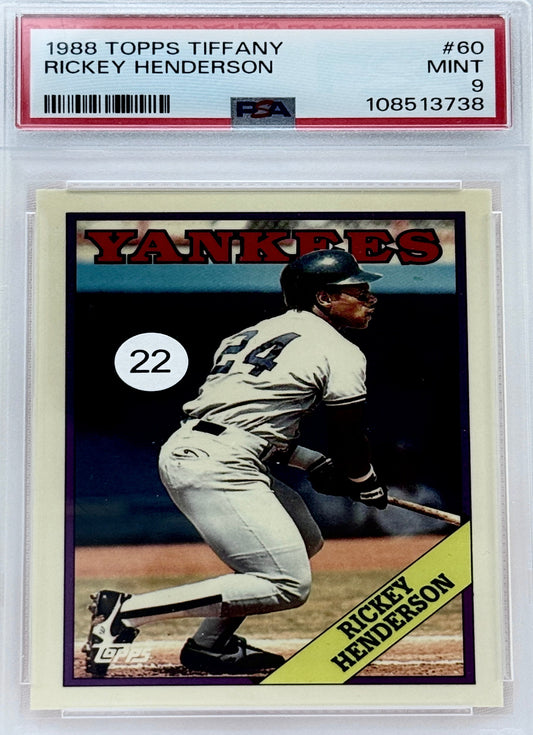 A 1988 Topps Tiffany Rickey Henderson baseball trading card graded PSA 60 Mint, encapsulated in a clear plastic protective holder against a white background.