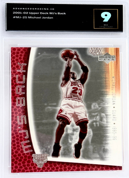 A graded 2001-02 Upper Deck Michael Jordan back card, encapsulated in a clear plastic holder with a black Advanced Grossing 9 rating label at the top.
