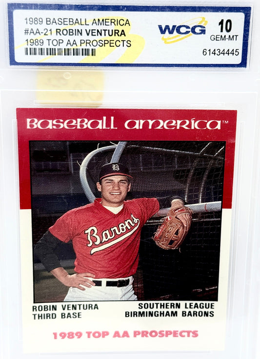 A graded 1989 Baseball America Robin Ventura card in a clear plastic PSA-style holder. The card features Robin Ventura in a red Birmingham Barons uniform, with a red header and white text.