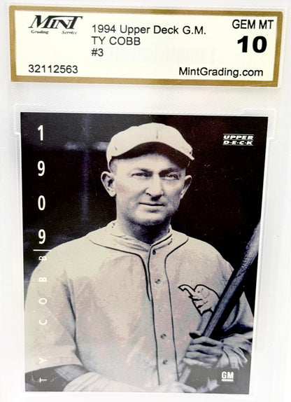 A graded 1994 Upper Deck baseball card of Ty Cobb, card number 3, encapsulated in a clear plastic holder with a Mint grading label at the top. The card features a black-and-white portrait of Ty Cobb holding a bat.