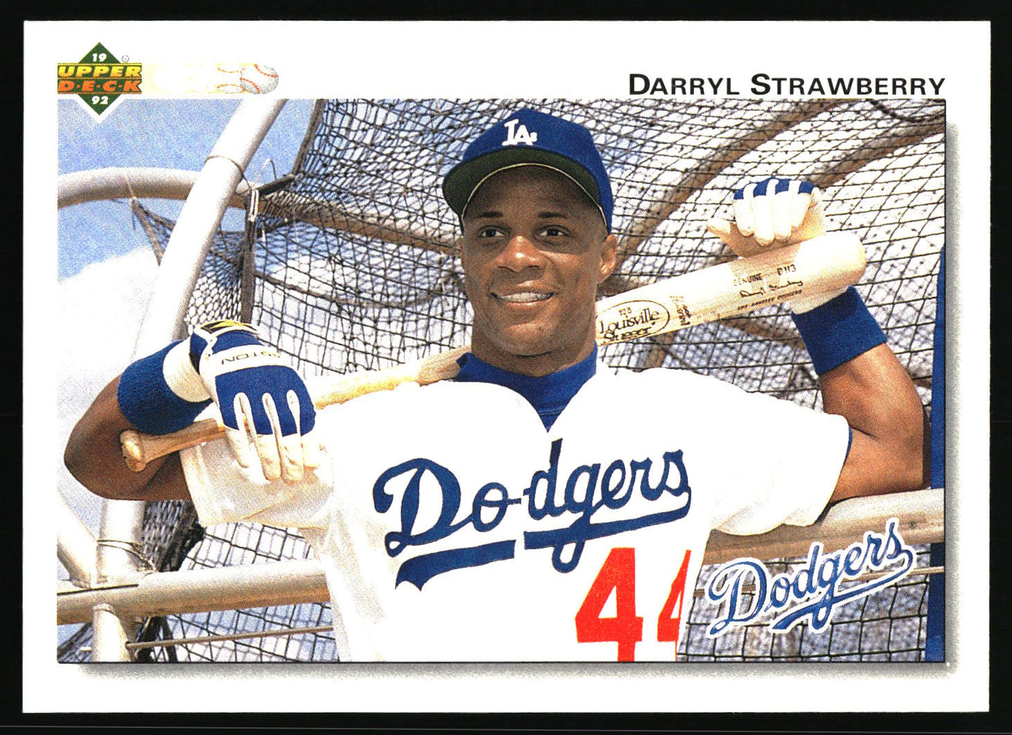 A baseball trading card featuring Darryl Strawberry of the Los Angeles Dodgers, with a photo of him in a batting cage wearing a white and blue Dodgers uniform, a black border, and the Upper Deck logo in the top right.