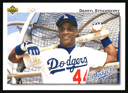 A baseball trading card featuring Darryl Strawberry of the Los Angeles Dodgers, with a photo of him in a batting cage wearing a white and blue Dodgers uniform, a black border, and the Upper Deck logo in the top right.