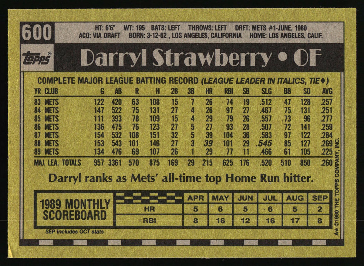 1990 Topps #600 Darryl Strawberry
