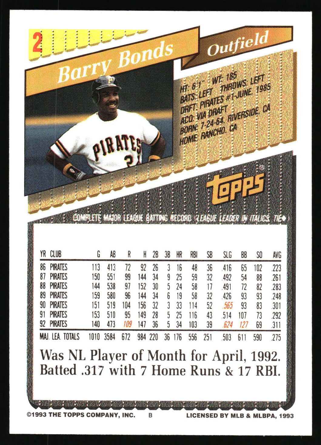 1992 Topps #2 Barry Bonds 1993 Topps Pre-Production Samples