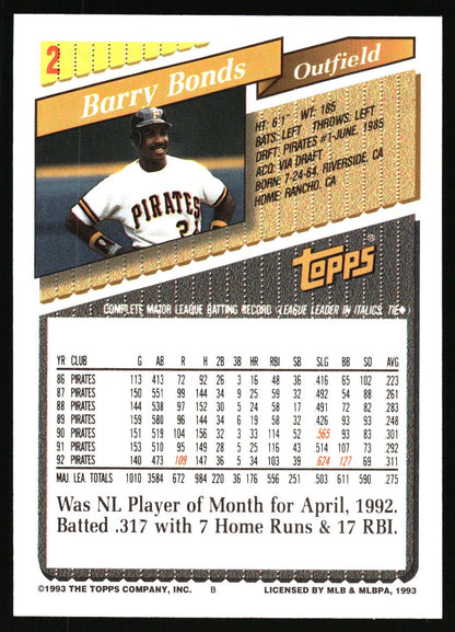 1992 Topps #2 Barry Bonds 1993 Topps Pre-Production Samples