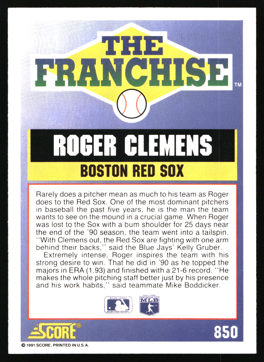 1991 Score #850 Roger Clemens