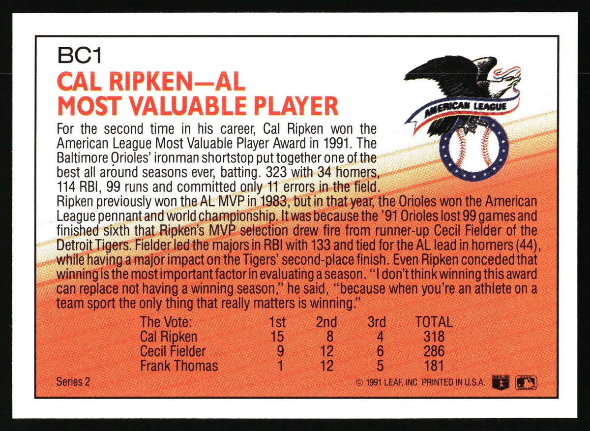 1992 Donruss #BC1b Cal Ripken Jr. Bonus Cards
