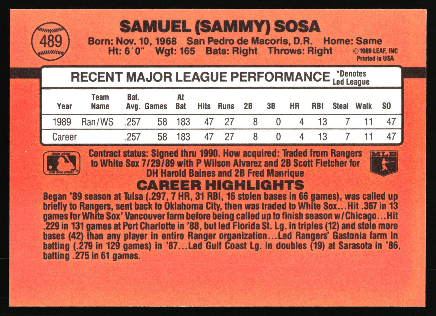1990 Donruss #489 Sammy Sosa