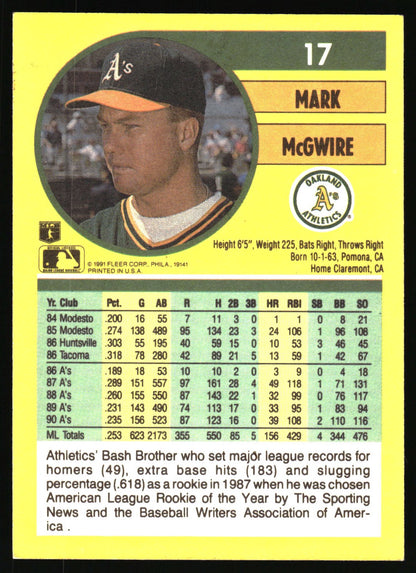 1991 Fleer #17 Mark McGwire : Wax/Cello Pack version: America hyphenated