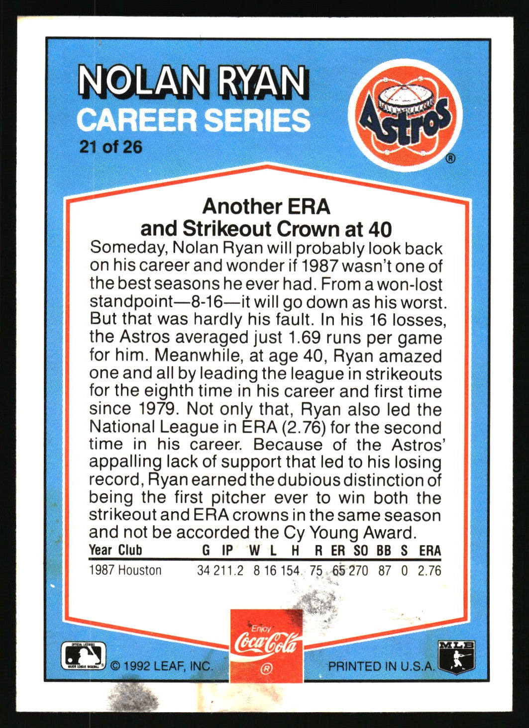 1992 Donruss Coca-Cola Nolan Ryan #21 Nolan Ryan