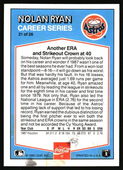 1992 Donruss Coca-Cola Nolan Ryan #21 Nolan Ryan