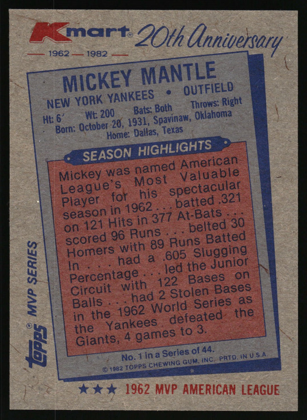 1982 Topps Kmart 20th Anniversary AL & NL MVP's #1 Mickey Mantle