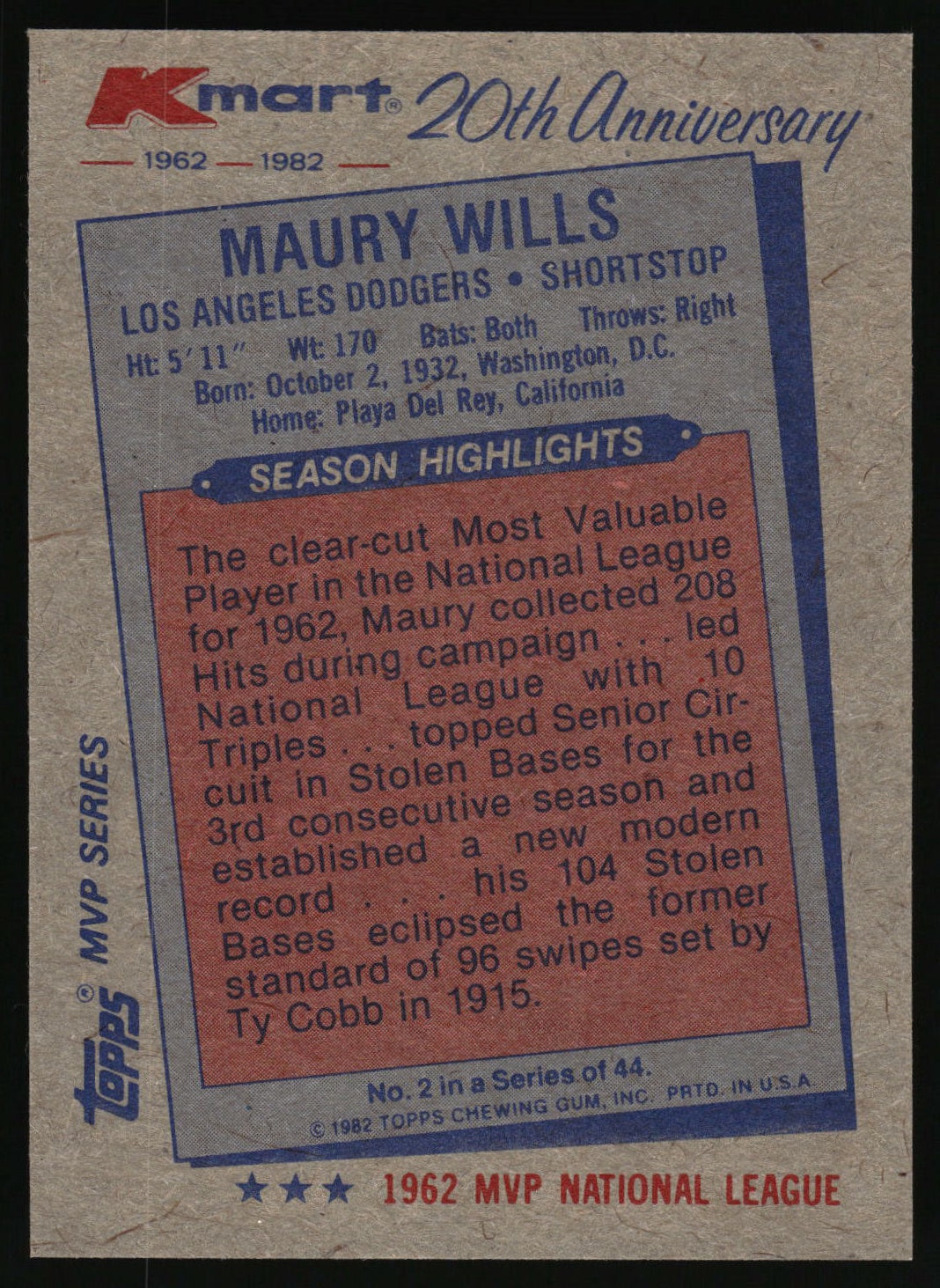 1982 Topps Kmart 20th Anniversary AL & NL MVP's #2 Maury Wills