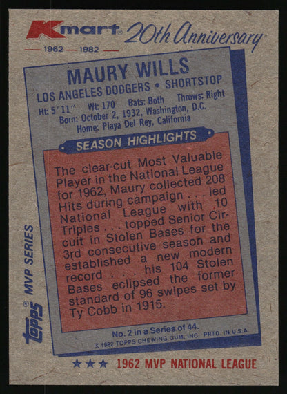 1982 Topps Kmart 20th Anniversary AL & NL MVP's #2 Maury Wills
