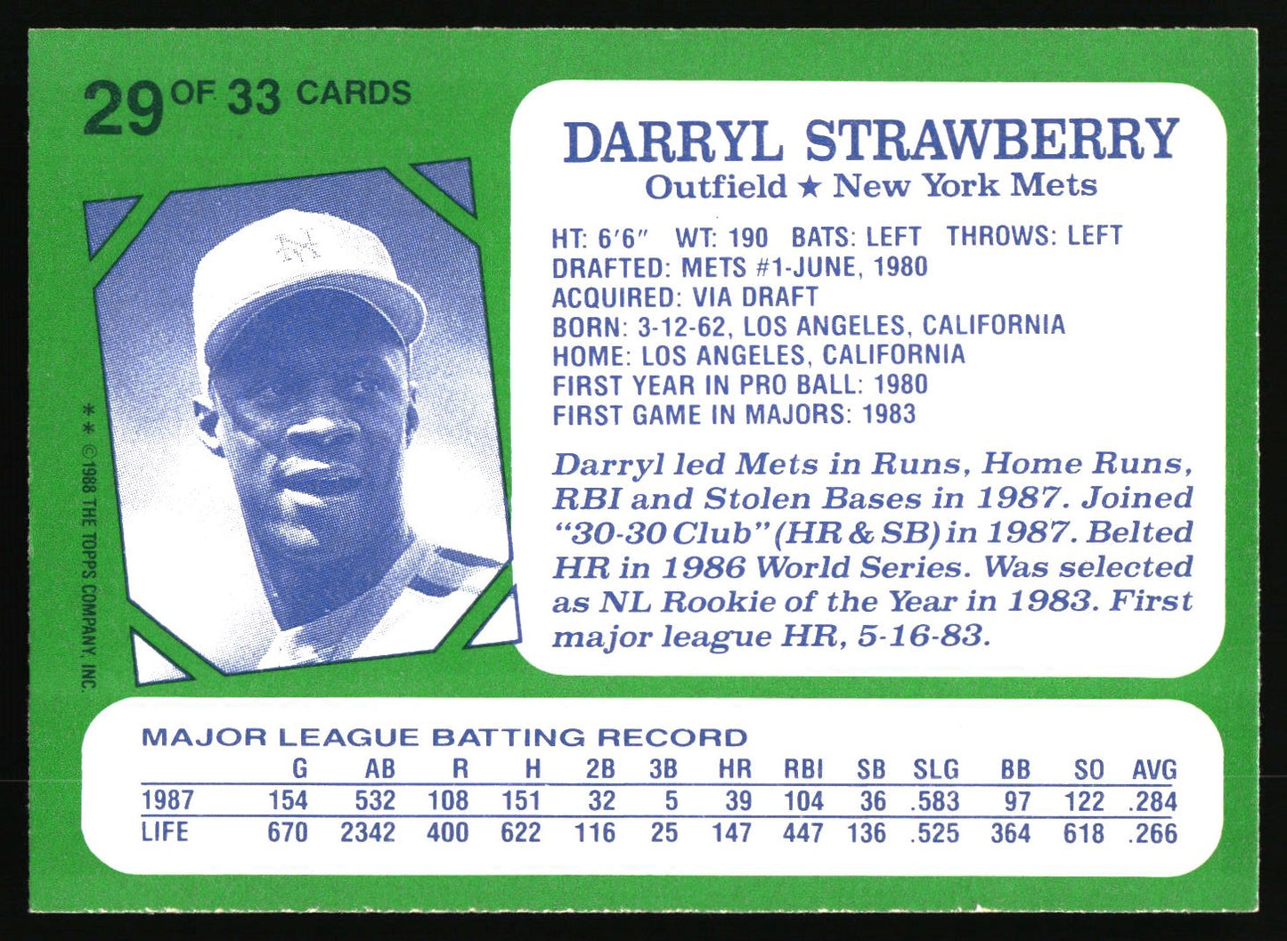 1988 Topps Kay-Bee Superstars of Baseball #29 Darryl Strawberry