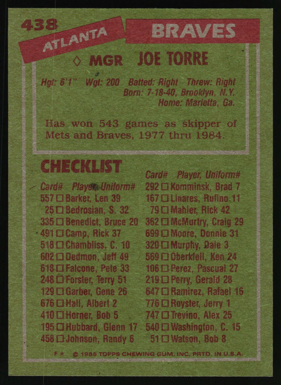 1985 Topps #438 Joe Torre