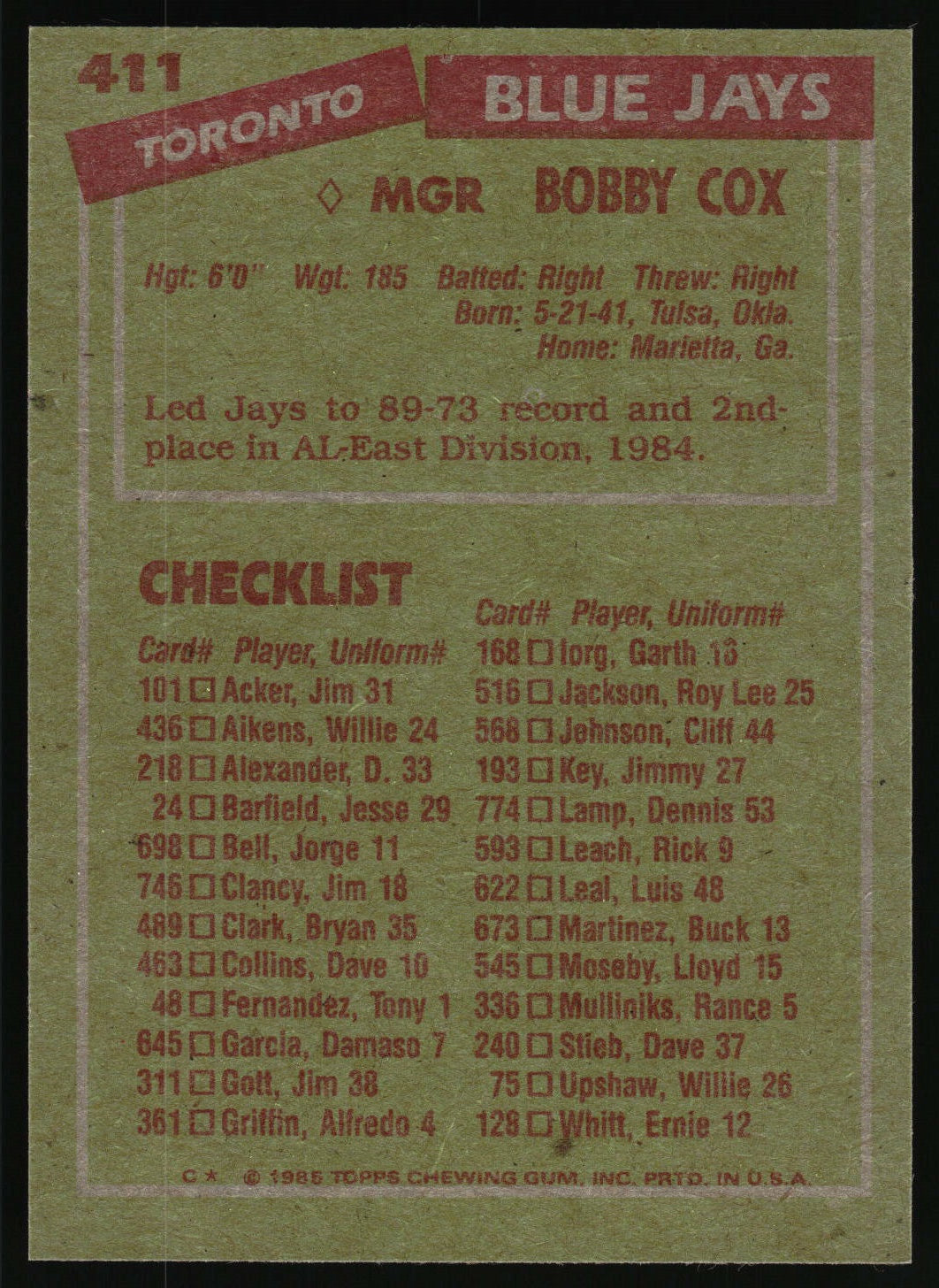 1985 Topps #411 Bobby Cox