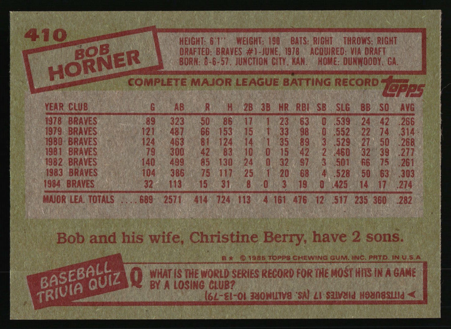1985 Topps #410 Bob Horner