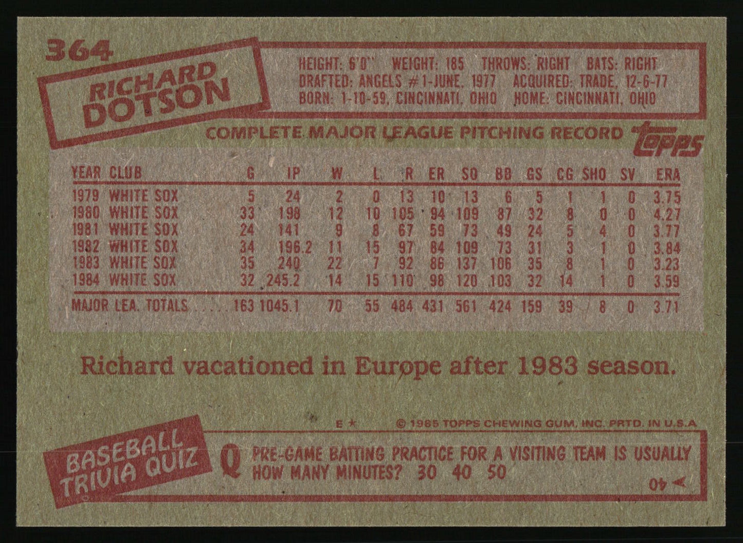 1985 Topps #364 Richard Dotson