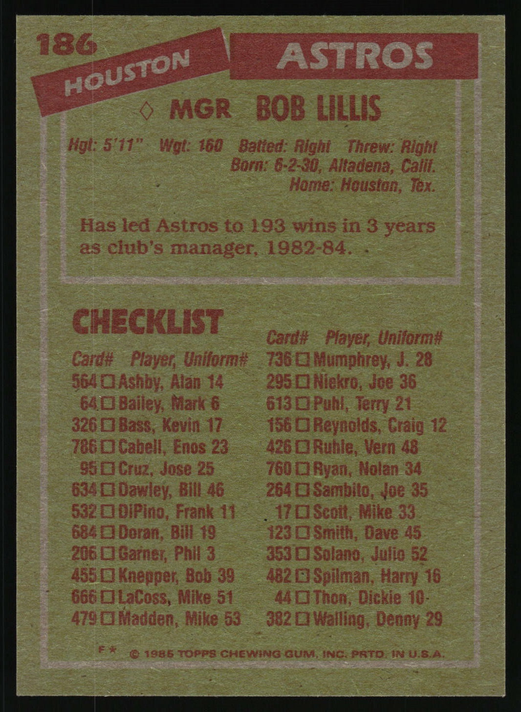 1985 Topps #186 Bob Lillis