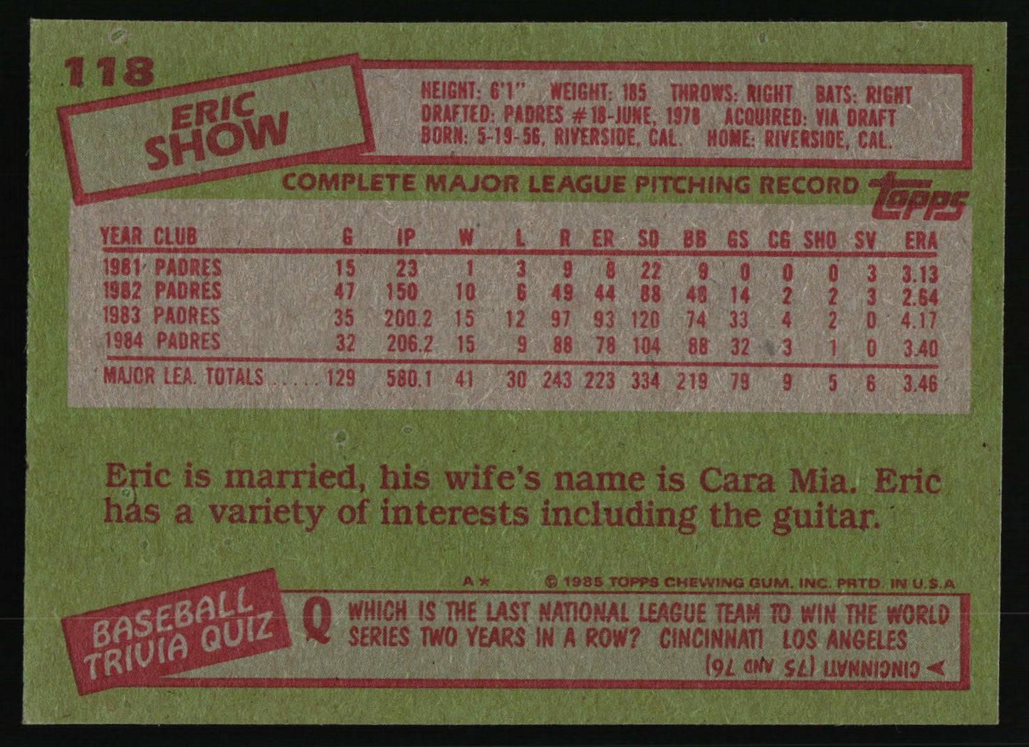 1985 Topps #118 Eric Show