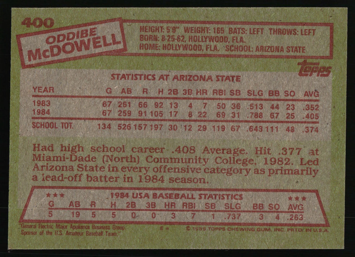 1985 Topps #400 Oddibe McDowell