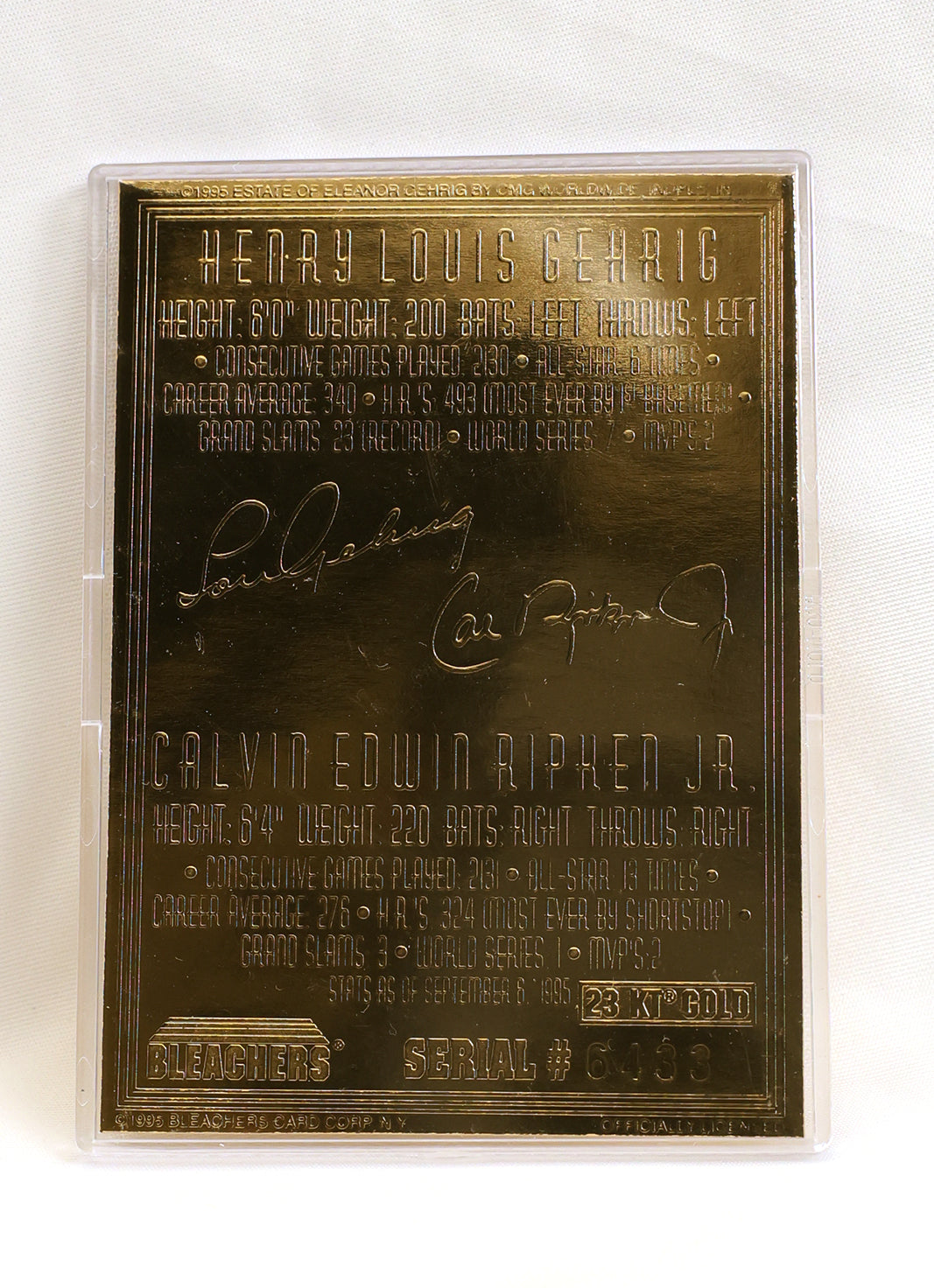 1995 Bleachers 23KT Cal Ripken 2131 #NNO Cal Ripken Jr. / Lou Gehrig #/6433