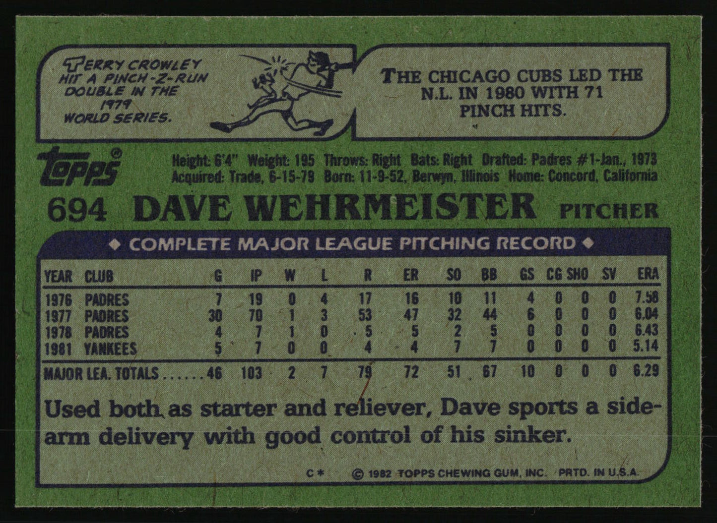 1982 Topps #694 Dave Wehrmeister