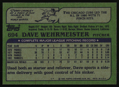 1982 Topps #694 Dave Wehrmeister