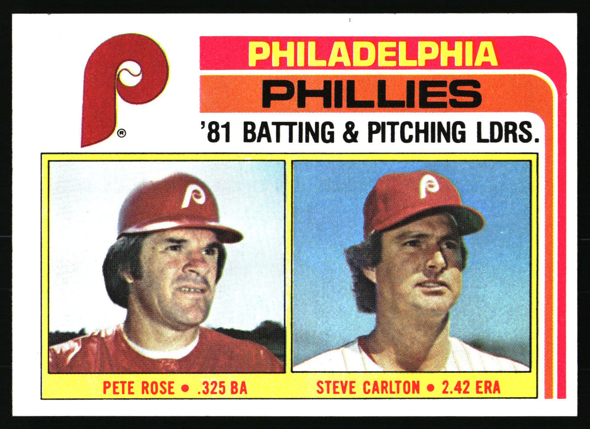 A vintage Philadelphia Phillies baseball trading card featuring Steve Carlton and Pete Rose, with team branding and player names printed on the card.