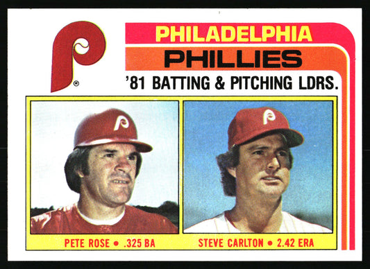 A vintage Philadelphia Phillies baseball trading card featuring Steve Carlton and Pete Rose, with team branding and player names printed on the card.