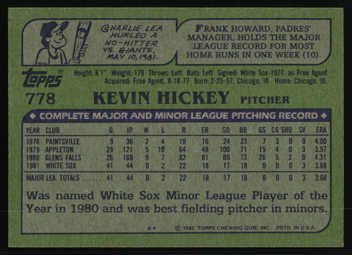 1982 Topps #778 Kevin Hickey