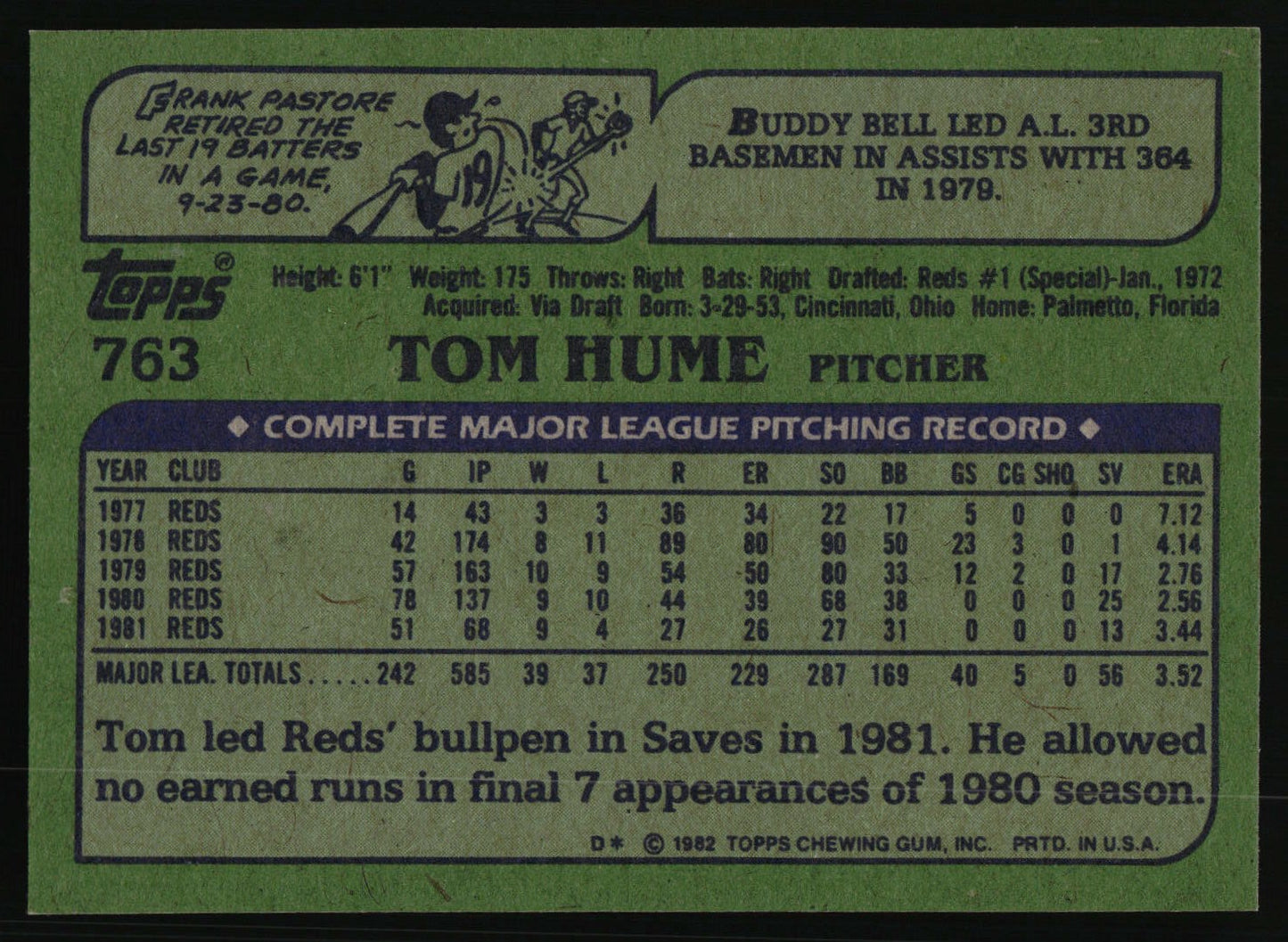 1982 Topps #763 Tom Hume