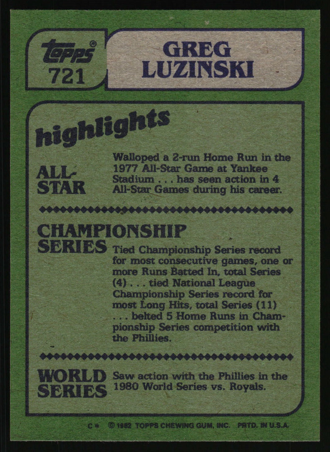 1982 Topps #721 Greg Luzinski Blackless