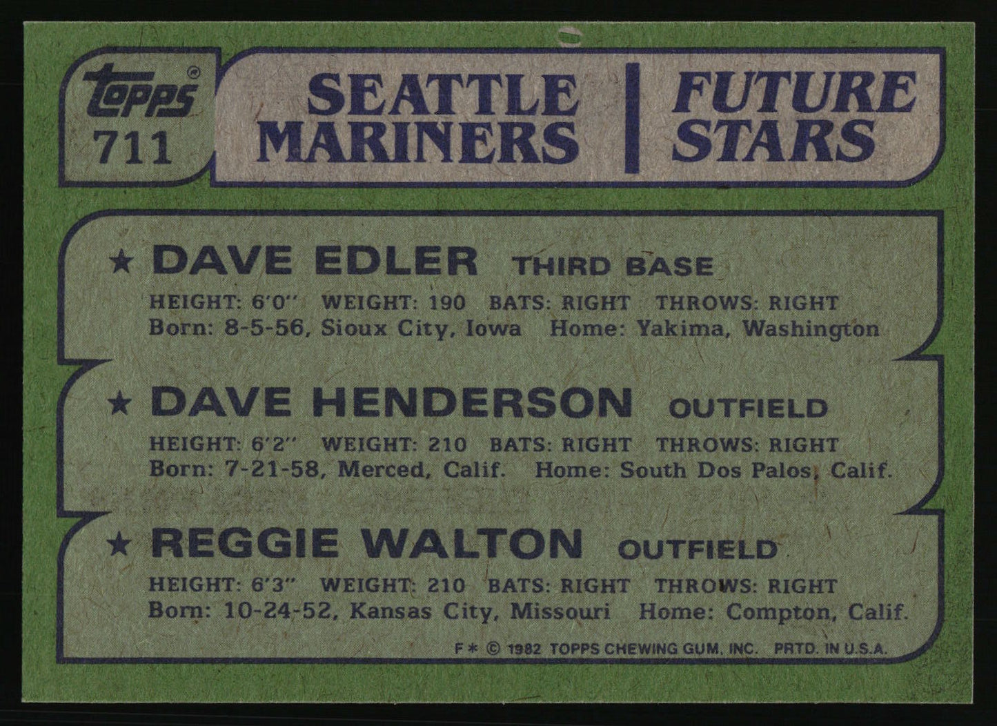 1982 Topps #711 (Dave Edler / Dave Henderson / Reggie Walton)