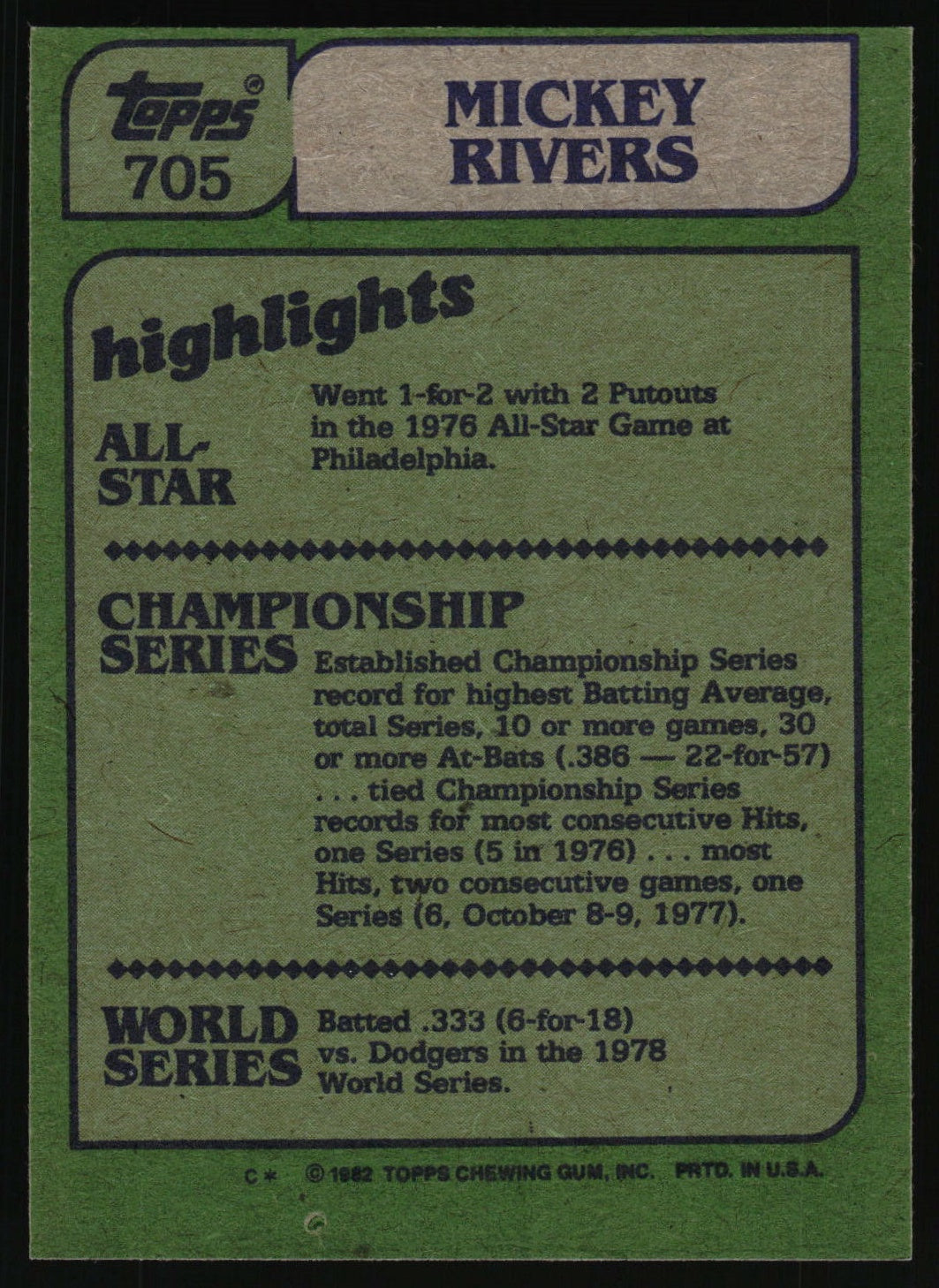 1982 Topps #705 Mickey Rivers
