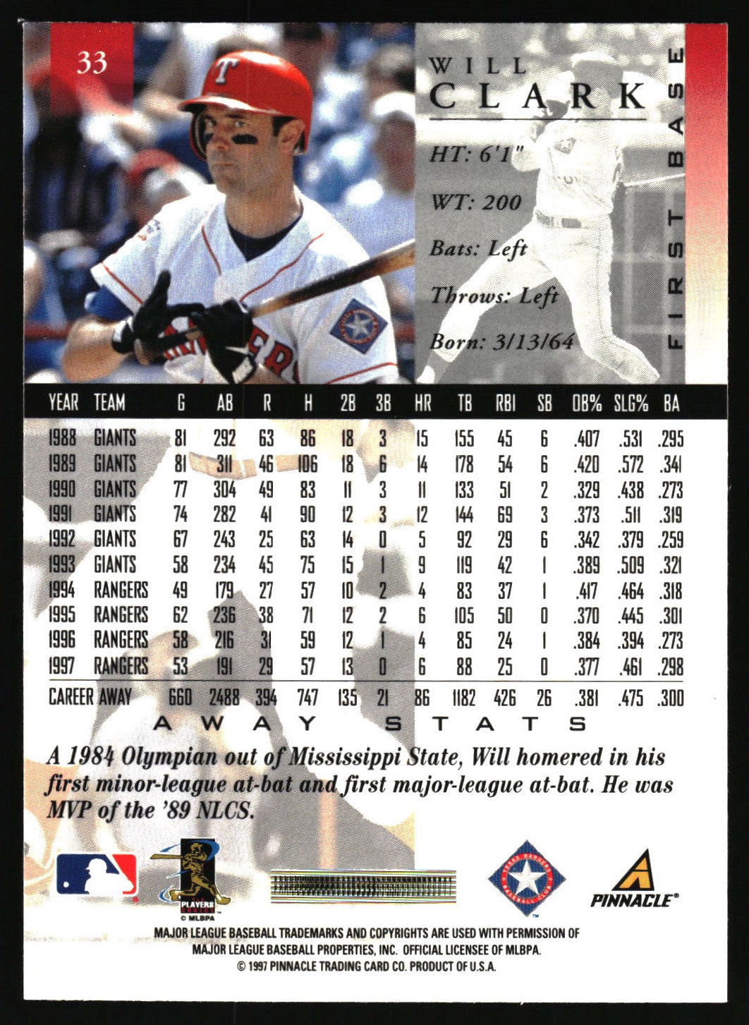 1998 Pinnacle #33 Will Clark Home Stats