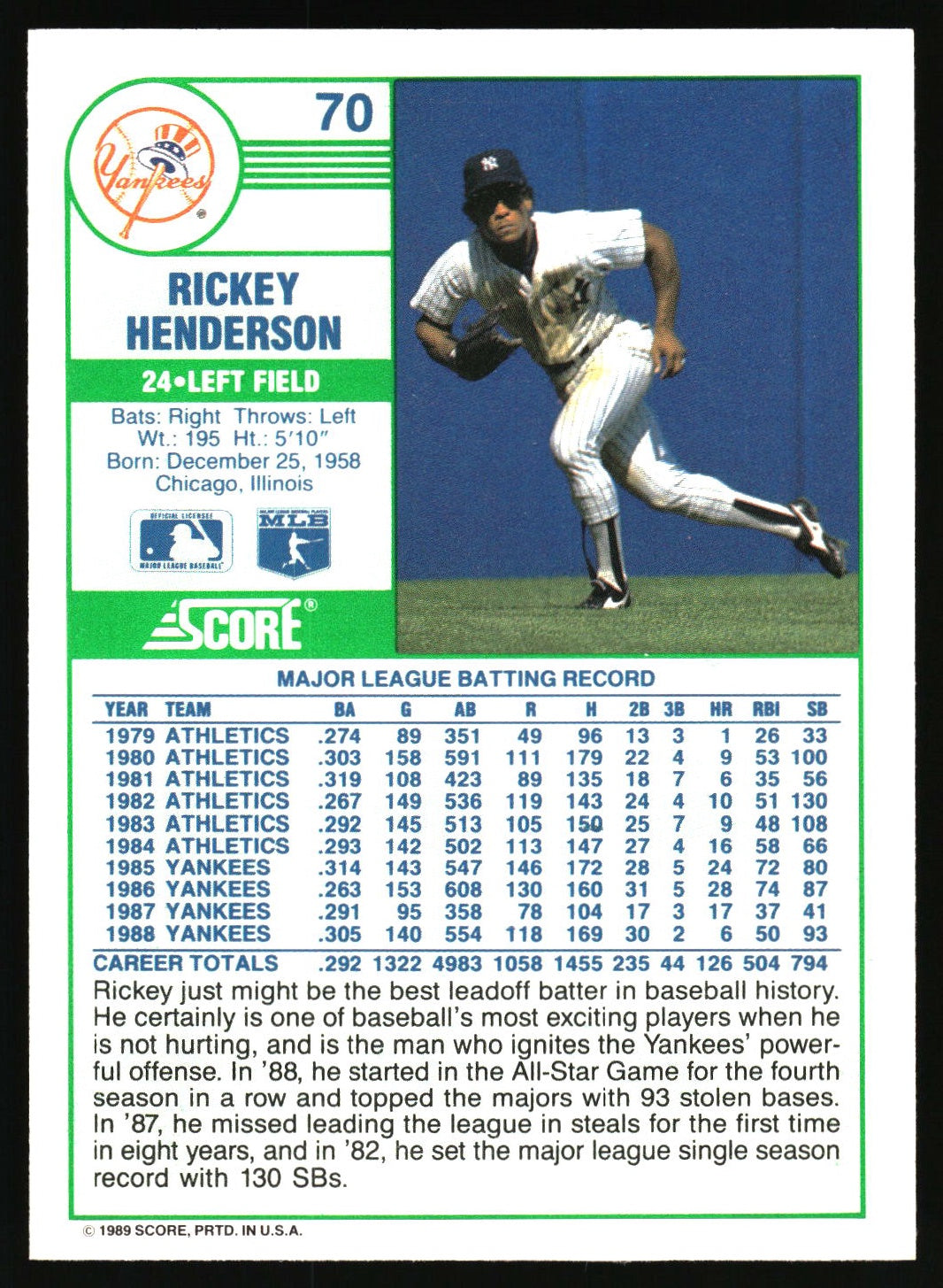 1989 Score #70 Rickey Henderson
