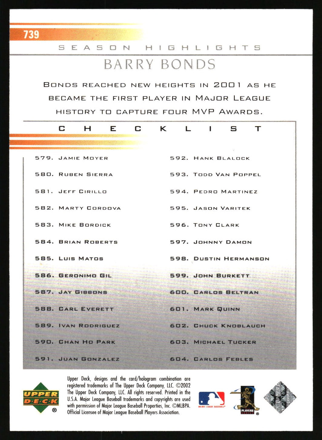2002 Upper Deck #739 Barry Bonds