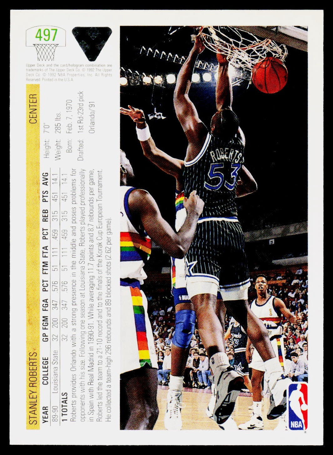 1991-92 Upper Deck #497 Stanley Roberts