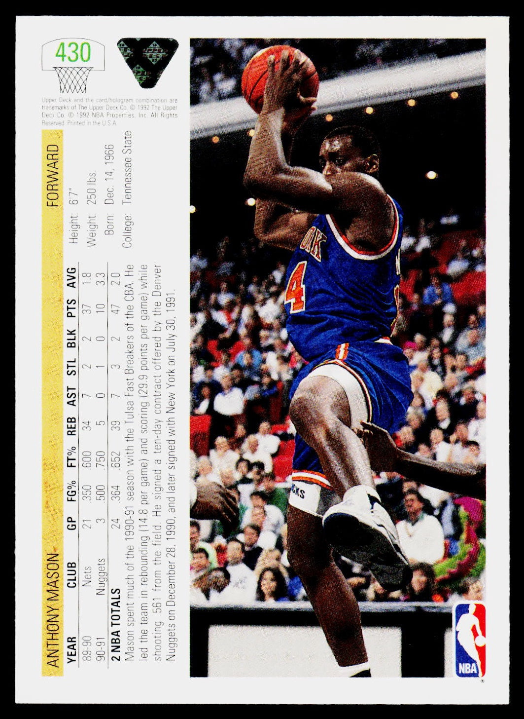 1991-92 Upper Deck #430 Anthony Mason